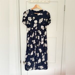 club monaco blue floral dress Club Monaco Floral Midi Dress V Neck Puff Sleeve Blue Size 4 Womens
